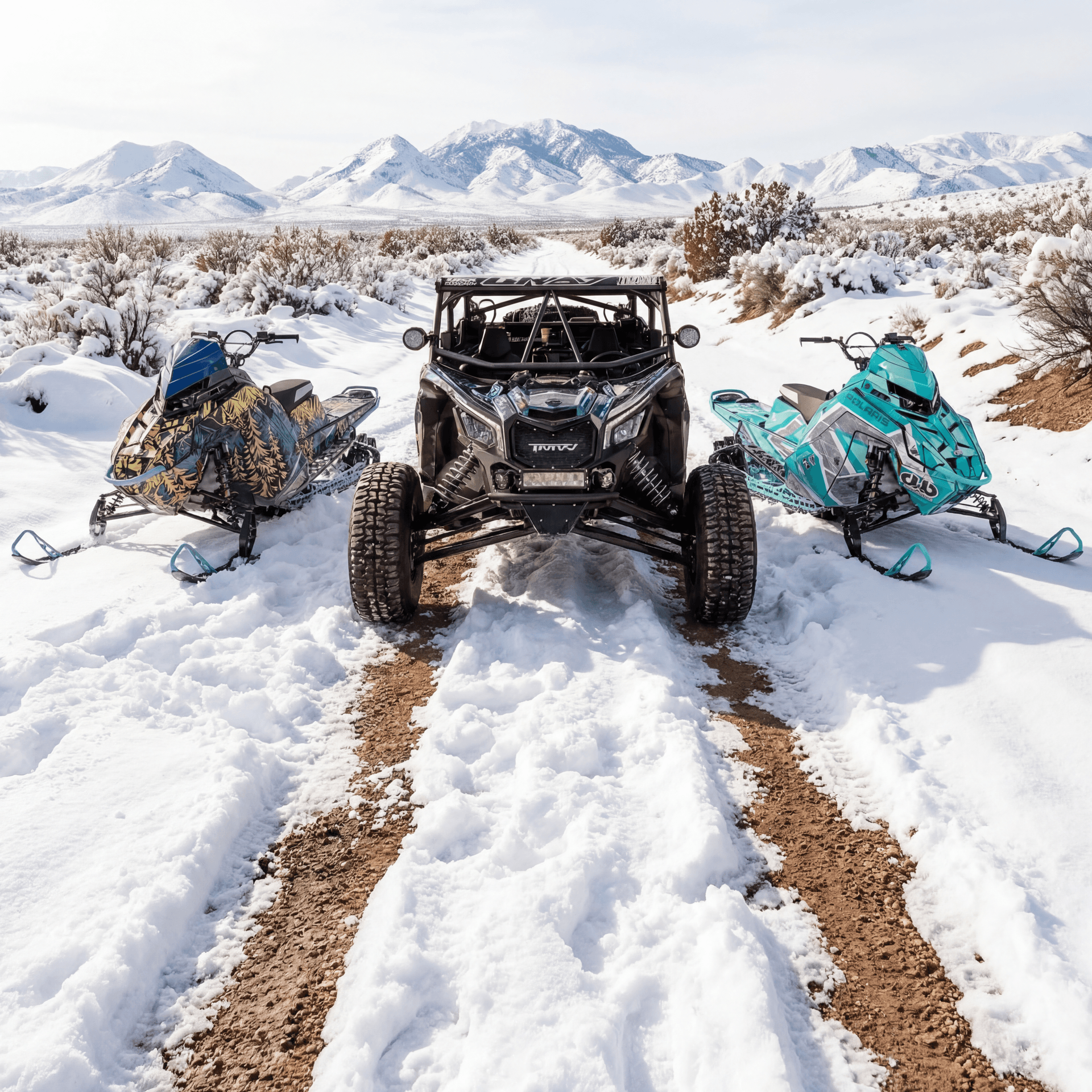 Two snowmobiles and a SxS parked in the snow, sporting high quality vinyl graphic wraps from ArcticFX Graphics and UTVFX Graphics
